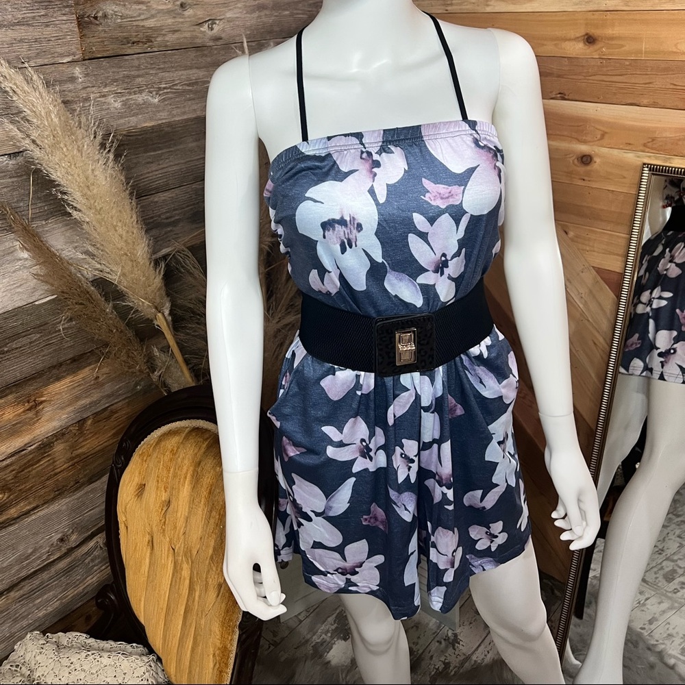 Gray Bandeau Floral Print Romper with Pockets